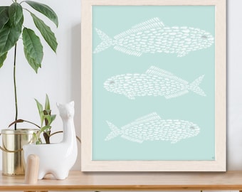 Mint Little Fishes Giclee Art Print, Nursery Wall Decor