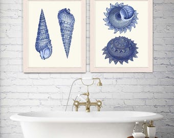 Blaue Muscheln Giclée Druck Set - Maritime Strand Haus Deko