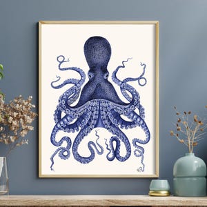 Octopus Print - Blue Octopus Print 3  Nautical Home Decor Octopus wall art Octopus poster Bathroom decor Bathroom wall art Beach House Decor