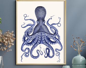 Octopus Print - Blue Octopus Print 3  Nautical Home Decor Octopus wall art Octopus poster Bathroom decor Bathroom wall art Beach House Decor