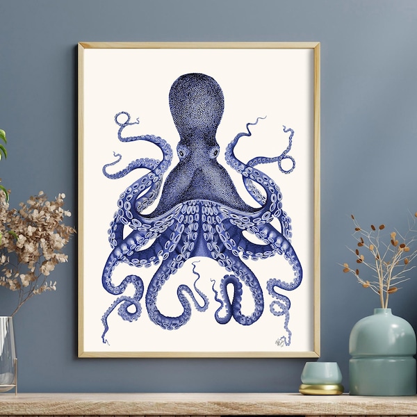 Blauwe octopusprint voor nautisch interieur, kustleven muurkunst