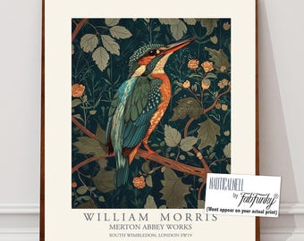 William Morris style bird print,  William Morris Kingfisher poster, Large Vintage wall art, Wildlife nature lover Illustration elegant art