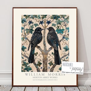 William Morris style bird print, Crow Illustration, William Morris poster, Large Vintage style wall art, Wildlife nature lover decor, ravens