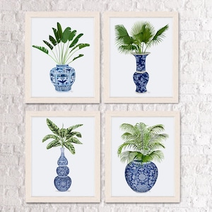 East Asian style set of 4 art prints - Chinoiserie group Ginger jar collection Green plant decor Blue and white art Hamptons style decor