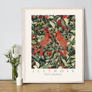 Impresión artística del pájaro del estado de Illinois, cardenal rojo, decoración de pared estilo William Morris, pájaros de patio trasero de los Grandes Lagos de Illinois, póster de bosque colorido grande