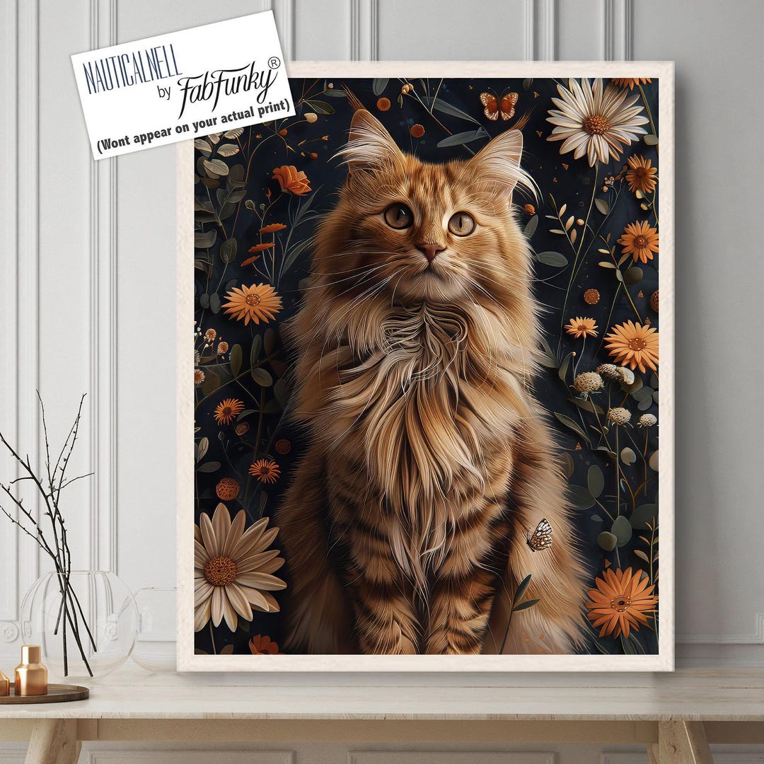 Cute Long Haired Ginger Cat Art Print, Whimsical Cat Wall Art, Orange ...
