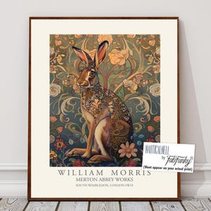 Impresión de estilo William Morris, póster de William Morris, ilustración de liebre, estilo botánico vintage, lindo conejo de bosque, animal de arte de pared grande