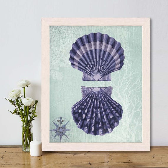 青いホタテ貝のアートプリント – ヴィンテージ風の海岸装飾 - Etsy 日本