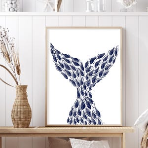 Fish painting, Blue fish print, Blue bathroom decor, Hamptons style art, Blue and white wall, Mermaid tail print, Blue nautical canvas