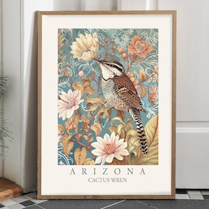 Cactus Wren Arizona State Bird Print, William Morris style wall art Home Decor, Backyard Birds of AZ, Large Colorful Blue Gold Floral Poster