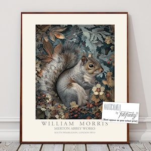 William Morris style print, William Morris poster, Grey Squirrel Illustration, Vintage style Botanical wall art, William Morris Woodland