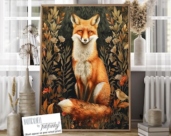 Beautiful Fox Wall Art, Fox Print, William Morris style poster, Vintage style artwork, Woodland Animal, Cute Fox Lover Gift