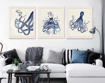 Octopus Giclée Art Print Set of 3 – Nautical Wall Decor