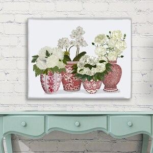 Interni floreali, Vaso cineseria, Porcellana rossa e bianca, Decorazioni per il soggiorno, Arte floreale tropicale, Arte murale asiatica, Stampa artistica botanica immagine 7