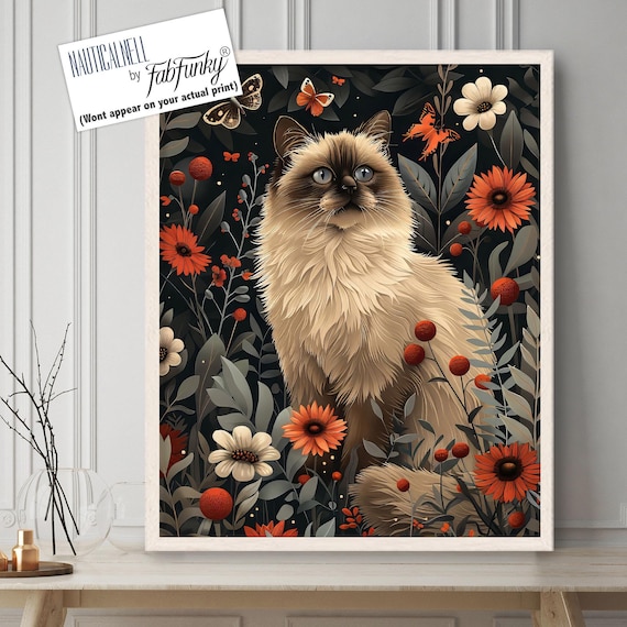 Cute Long Haired Ragdoll Cat Art Print, Whimsical Cream Cat Wall