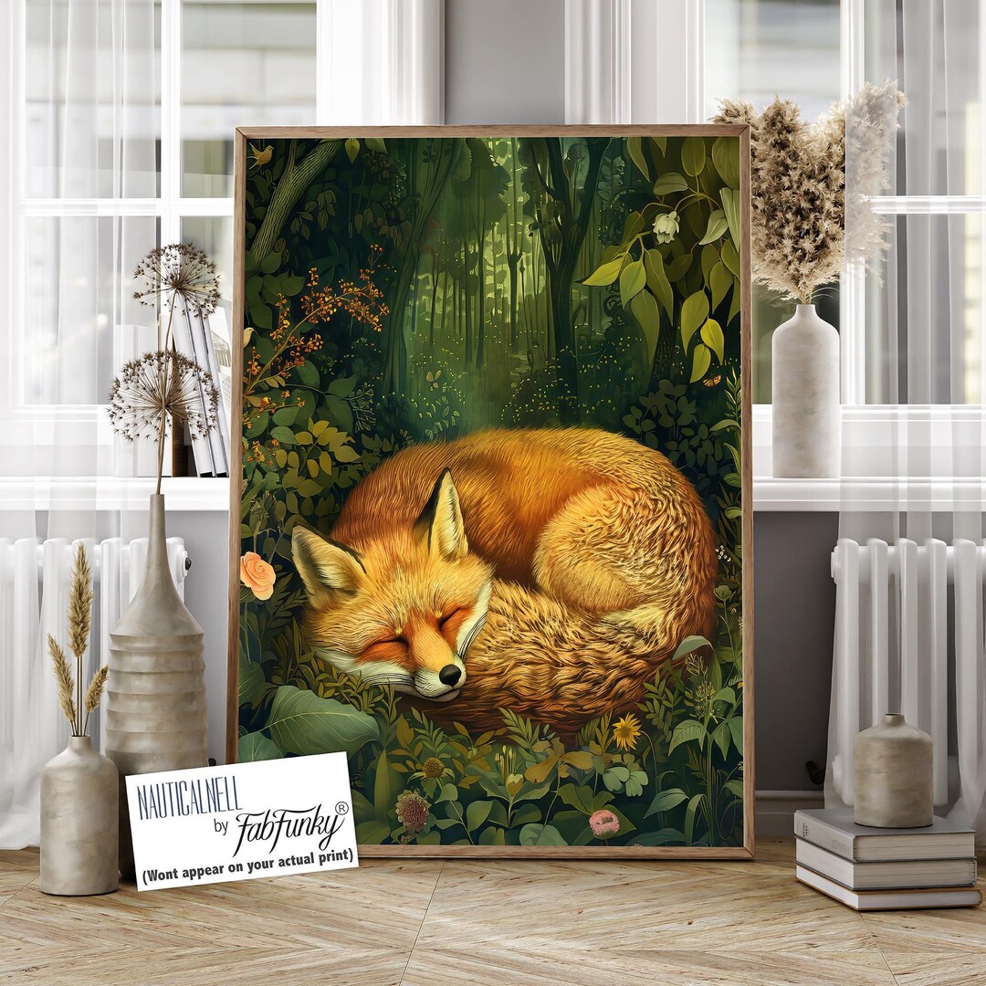 Sleepy Fox Wall Art, Fox Print, William Morris Style Poster