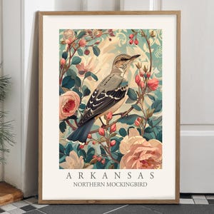 Impresión de pájaro del estado de Arkansas, sinsonte del norte, arte de pared floral estilo William Morris, decoración del hogar, aves de patio trasero de AR, póster de lienzo grande
