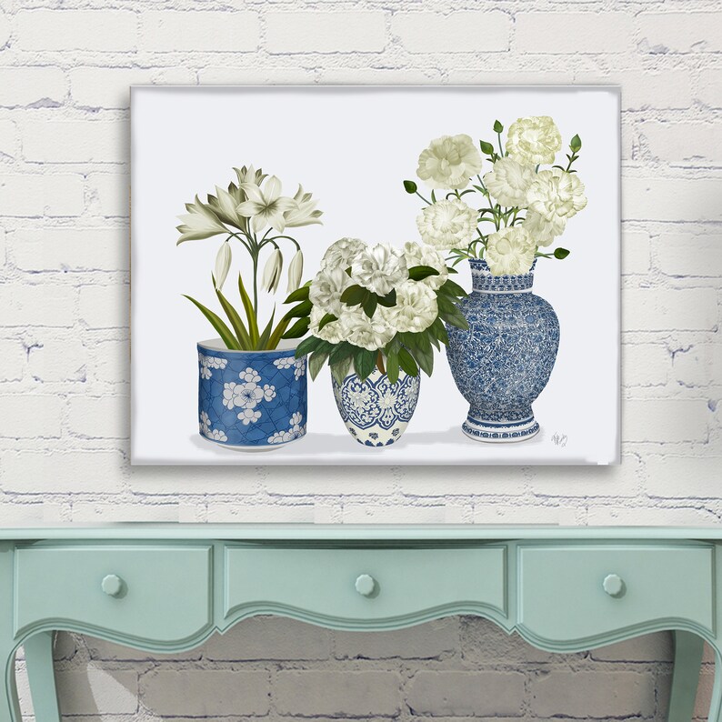 Chinoiserie vazen, Blauw en wit, Botanische prenten, Chinese muurkunst, Hamptons stijl, Bloemsierkunst prenten, Peonie lelie anjer, Canvas kunst afbeelding 7