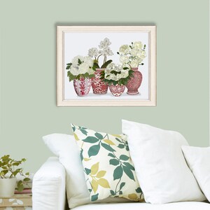 Interni floreali, Vaso cineseria, Porcellana rossa e bianca, Decorazioni per il soggiorno, Arte floreale tropicale, Arte murale asiatica, Stampa artistica botanica immagine 3