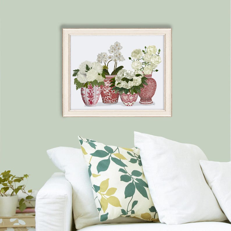 Interni floreali, Vaso cineseria, Porcellana rossa e bianca, Decorazioni per il soggiorno, Arte floreale tropicale, Arte murale asiatica, Stampa artistica botanica immagine 3
