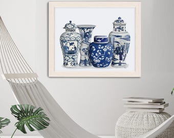 Ginger jar art, Blue and white china, Botanical decor, Chinoiserie vase, Living room wall art, Home decor, Oriental painting, Ming porcelain