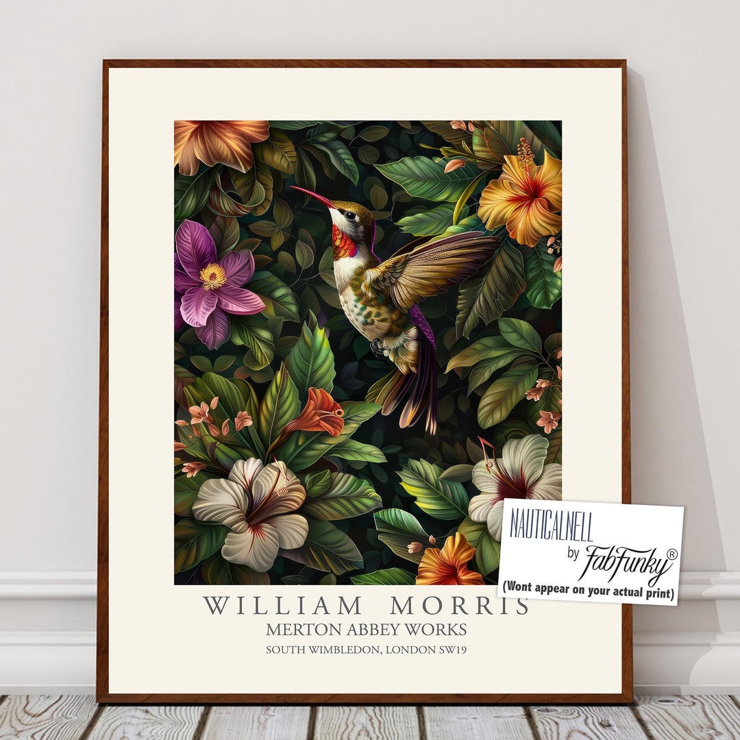 William Morris Style Hummingbird Print, Vintage Floral