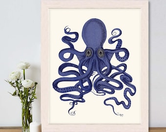 Octopus Print Blue 9 - Octopus wall art Octopus poster octopus illustration Nautical Print Digital Print blue octopus Wall Art Wall Decor