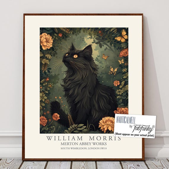ウィリアムモリス風のかわいい黒猫のプリント、ウィリアムモリスの