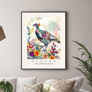 Willow Ptarmigan Alaska State Bird Print, Modern abstract style wall art Home Decor, Backyard Birds of AK, Large Colorful Boho Canvas Poster