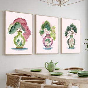 Asian inspired wall art gallery set of 3 framed pictures or large canvases of floral Chinoiserie vases in a Chinese contemporary style