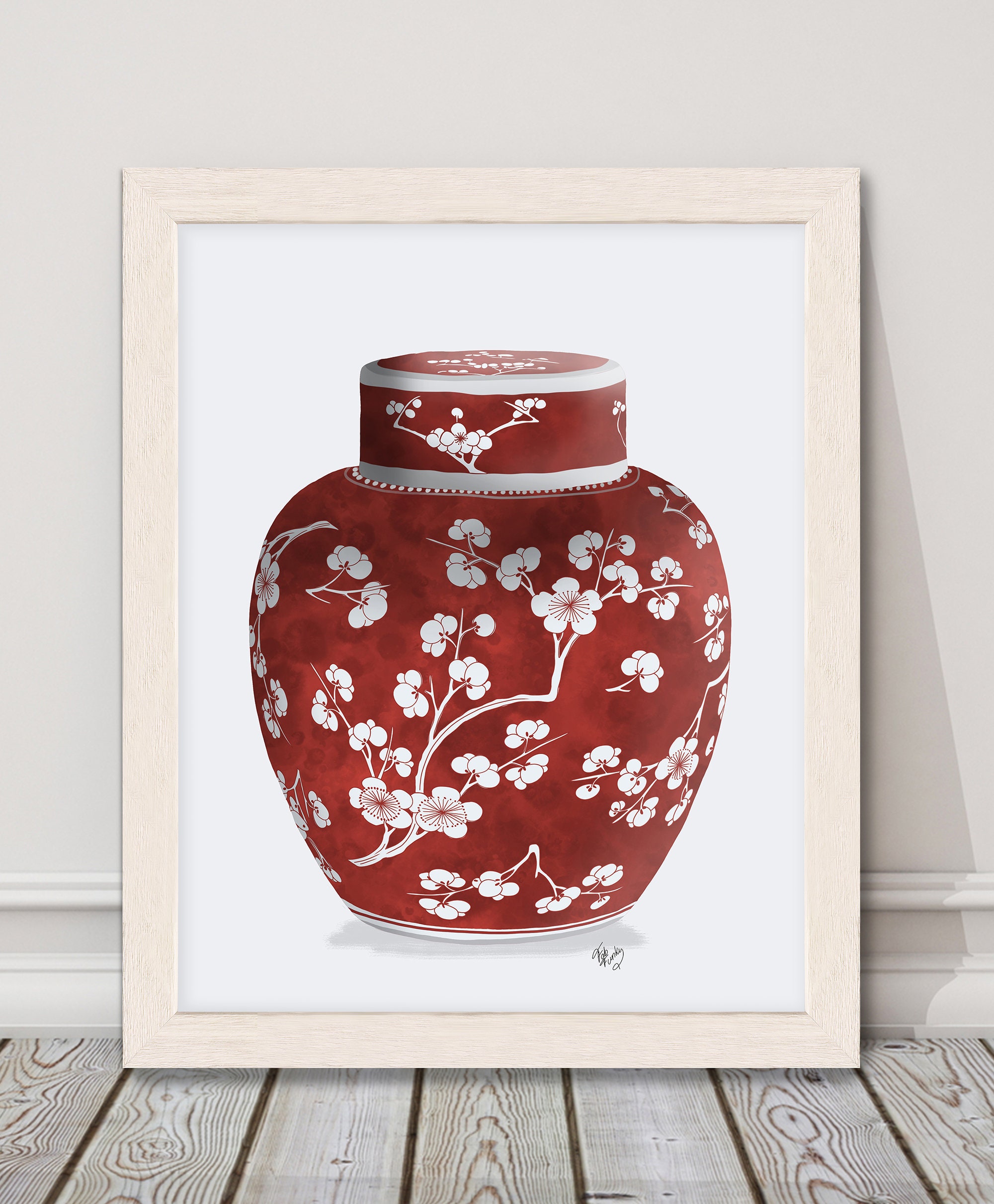 Ginger jar art Cherry blossom print Red and white china Etsy