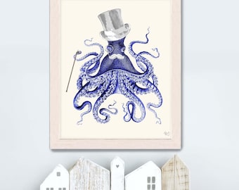 Nautical Bathroom Octopus About Town - Nautical Nursery Decor funny art print home wall decor home decor Octopus print octopus poster gift