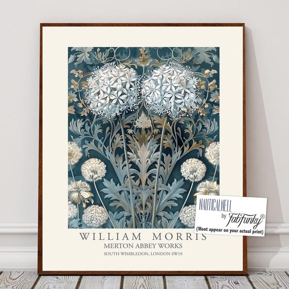 William Morris Style Floral Print, Blue White Allium Flower Poster