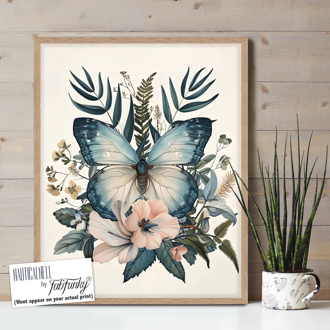 Blue Butterfly Art Print, Vintage Style Botanical Wall Art, Colorful ...