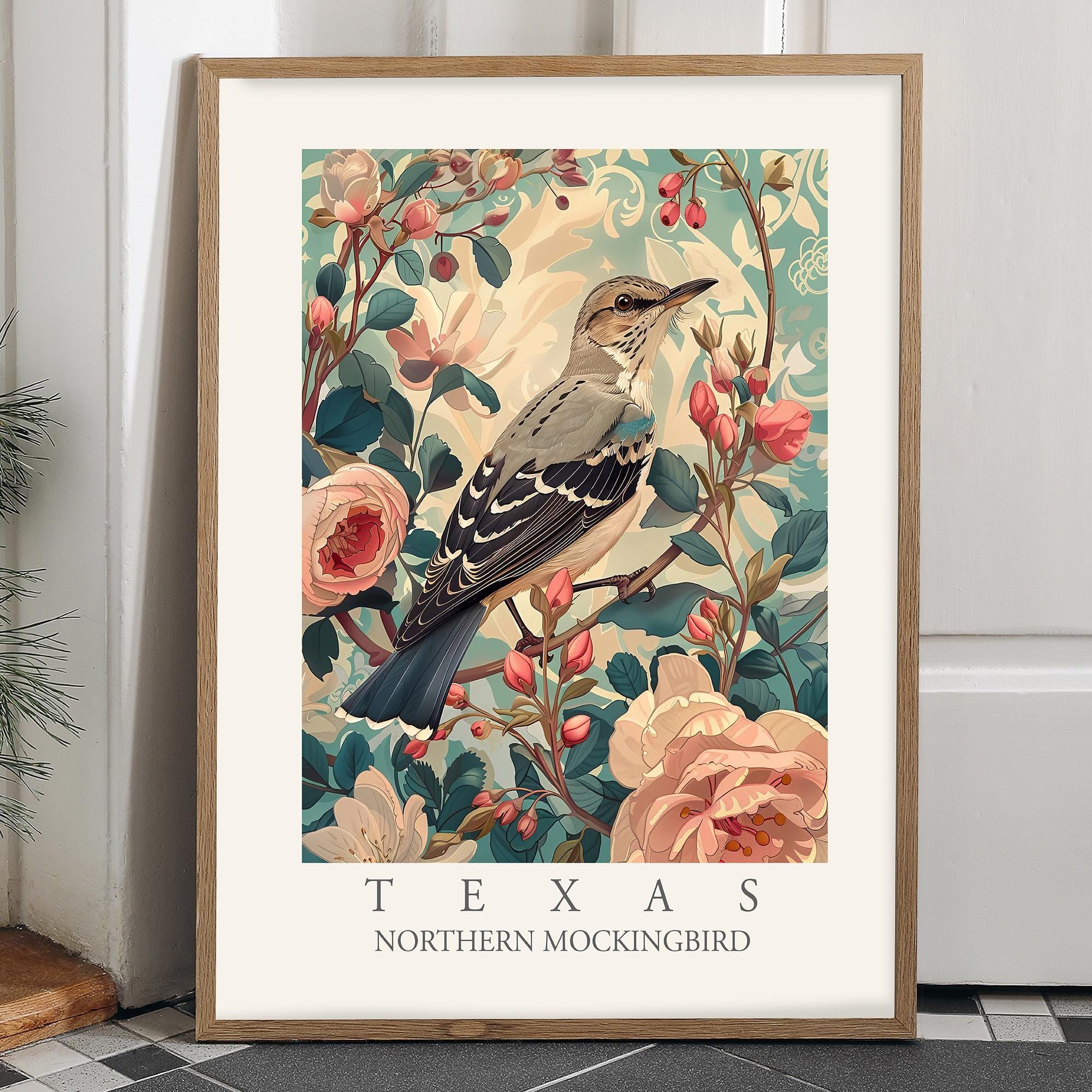 Northern Mockingbird Art Print, Texas State Bird, William Morris