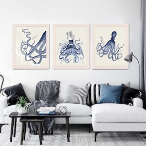 Octopus Print Blue/White Set of 3 - Nautical Nursery Decor Nautical Print Nautical wall hanging Octopus art Octopus poster Beach House Decor