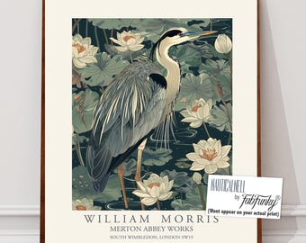 William Morris style bird print,  William Morris Blue Heron poster, Large Vintage wall art, Wildlife nature lover Illustration, elegant art