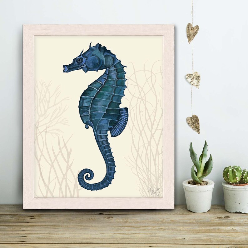 Seahorse wall art Dark Blue on cream 2 seahorse decor Etsy
