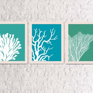 Coral Art Prints Set of 3 Turquoise 1 Nautical Print Coral print coral home decor coral wall art turquoise home decor Nautical Decor image 3