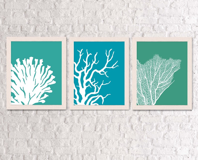 Coral Art Prints Set of 3 Turquoise 1 Nautical Print Coral print coral home decor coral wall art turquoise home decor Nautical Decor image 3