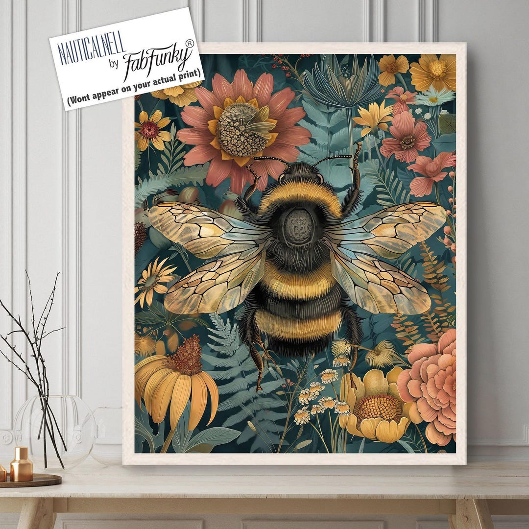 Bumblebee Botanical Art Print, William Morris Style Decor - Etsy