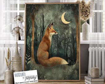 Fox in Moonlight Giclée Print, William Morris Style, Woodland