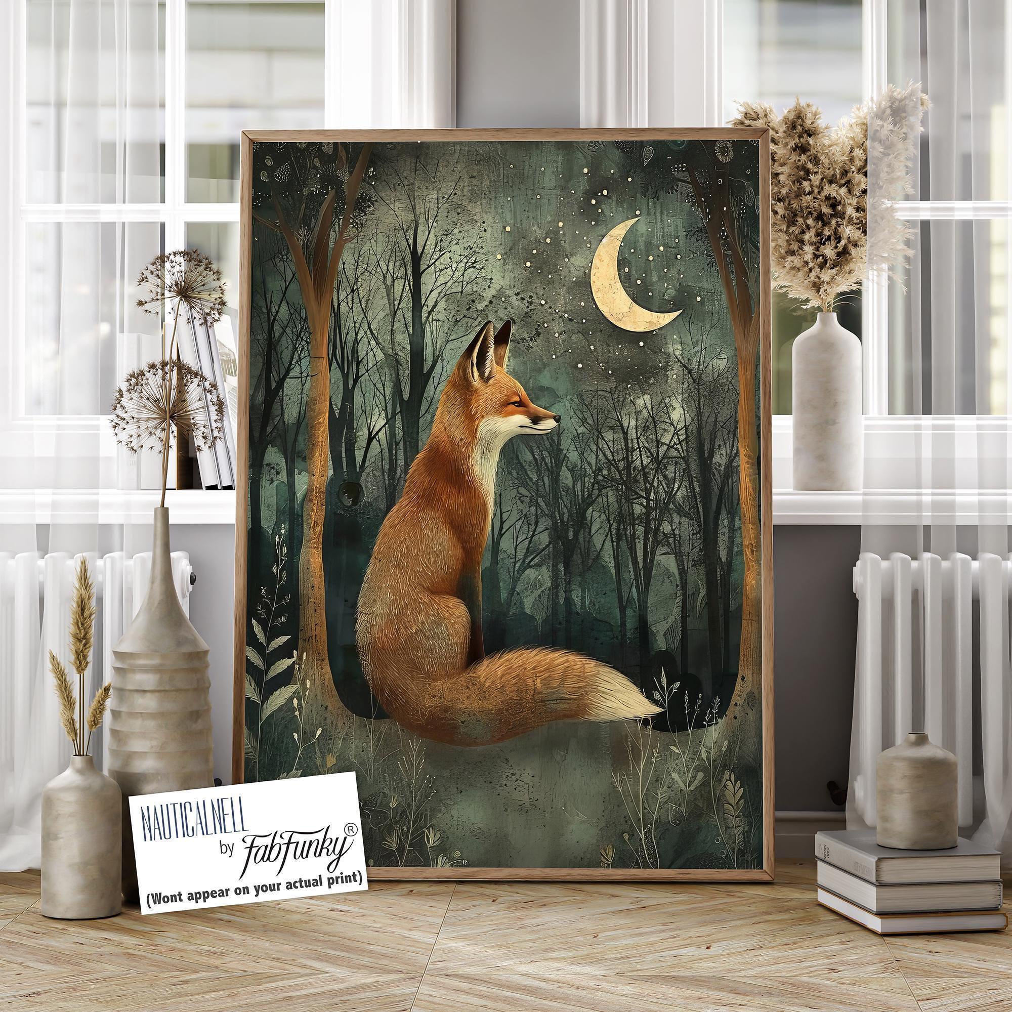 Beautiful Fox in Moonlight Wall Art, Fox Print, William Morris