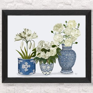 Chinoiserie vases, Blue and white, Botanical prints, Chinese wall art, Hamptons style, Floral art prints, Peonie lily carnation, Canvas art image 4