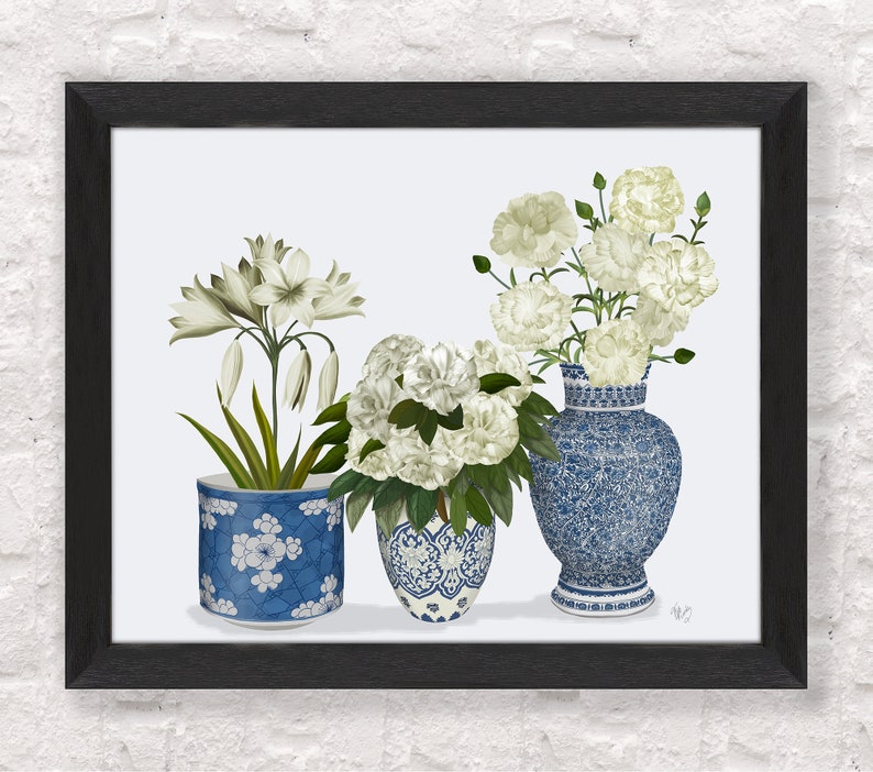 Chinoiserie vases, Blue and white, Botanical prints, Chinese wall art, Hamptons style, Floral art prints, Peonie lily carnation, Canvas art image 4