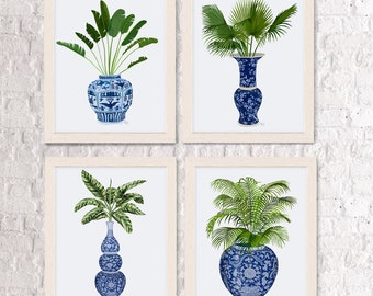 East Asian style set of 4 art prints - Chinoiserie group 2 - Ginger jar collection Green plant decor Blue and white art Hamptons style decor