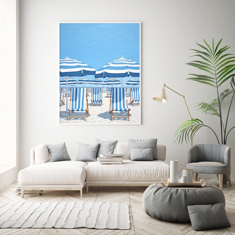 French Riviera scene, Retro beach umbrella, Modern coastal art, Blue and white decor, Summer beach club decor Vintage parasol wall art print image 1