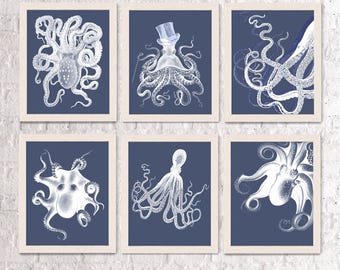 Indigo-octopuskunstprintset – decoratie nautisch strandhuis