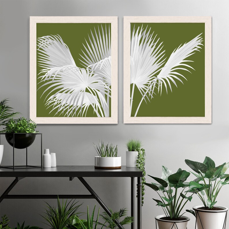 2 print set Fan Palm White on Green Tropical Leaves tropical print botanical print wall art beach house tree hawaii Tropical Decor