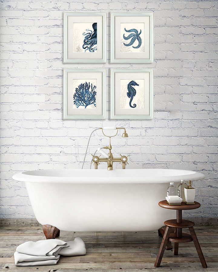 Nautical Bathroom Wall Art Set of 4 Blue Nautical Art Prints - Etsy